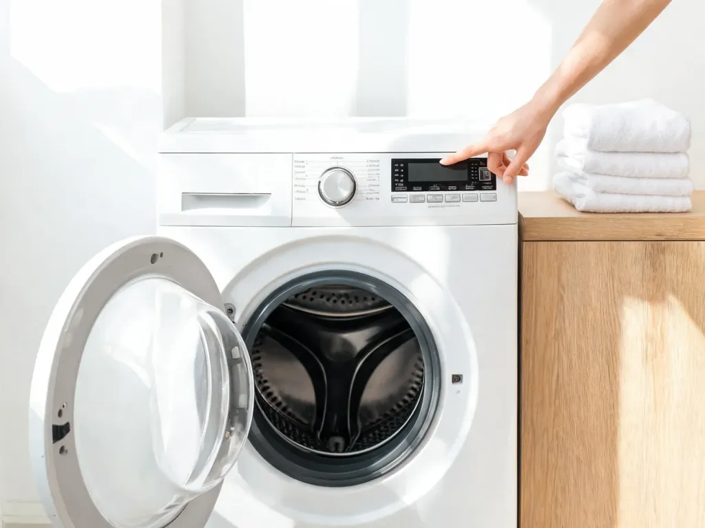 Pralka Whirlpool w jasnej łazience, dłoń naciska przycisk reset na panelu, obok uporządkowane białe ręczniki.
