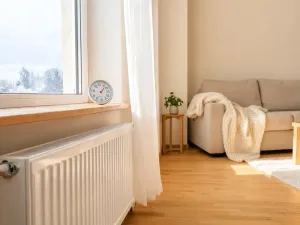 Nowoczesny parterowy dom z wąską opaską z jasnoszarej kostki betonowej wokół elewacji, otoczony trawnikiem i krzewami.