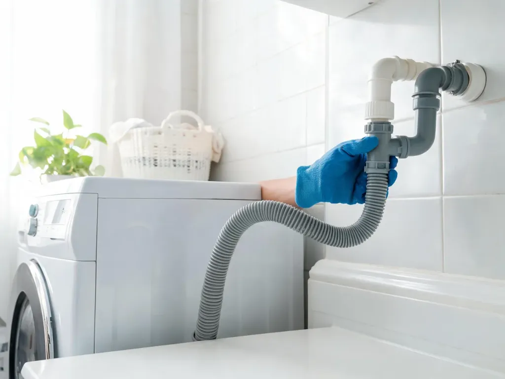 Ręka hydraulika podłącza wąż odpływowy pralki do prostego syfonu ściennego w jasnej, nowoczesnej łazience.