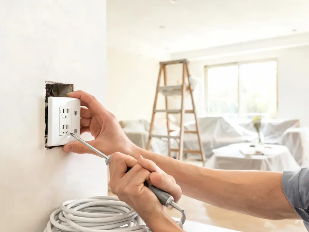 Elektryk montuje biało gniazdko w świeżo wyremontowanym salonie, ilustrując koszt jednego punktu elektrycznego.