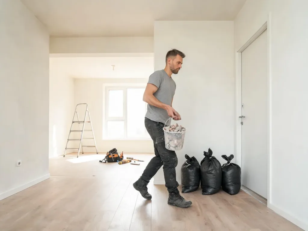 Mężczyzna wynosi wiadro z gruzem z jasnego mieszkania w remoncie, obok stoją worki z odpadami budowlanymi