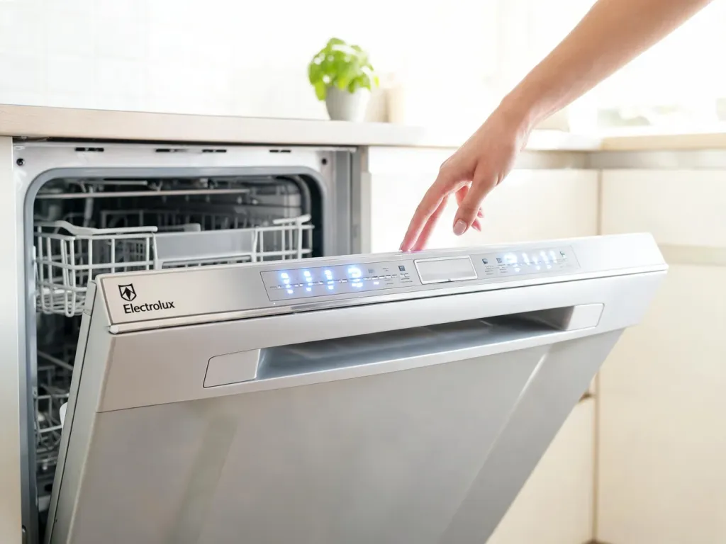 Ręka kobiety sięga do panelu nowoczesnej zmywarki Electrolux w jasnej kuchni, przygotowując ją do cyklu czyszczenia.