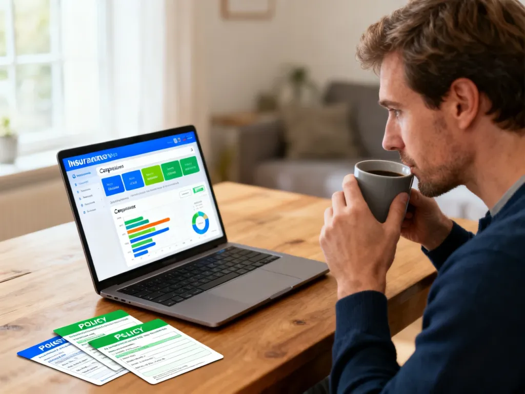 Mężczyzna przy biurku analizuje na laptopie porównanie ofert ubezpieczeń online, trzymając kubek z kawą w dłoni.