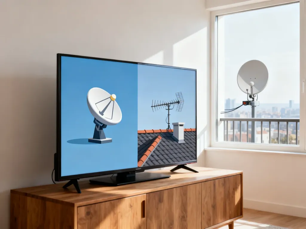 Nowoczesny salon z telewizorem pokazującym wybór między telewizją satelitarną a naziemną, anteny widoczne na balkonie.