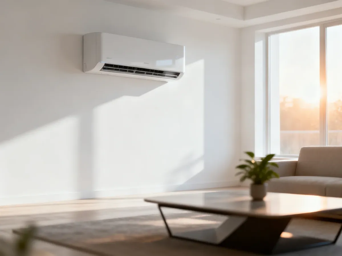 Nowoczesny klimatyzator ścienny w jasnym, minimalistycznym salonie, podkreślający estetykę wnętrza.