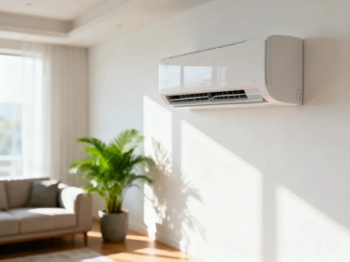 Nowoczesny klimatyzator ścienny zamontowany w jasnym, minimalistycznym salonie.