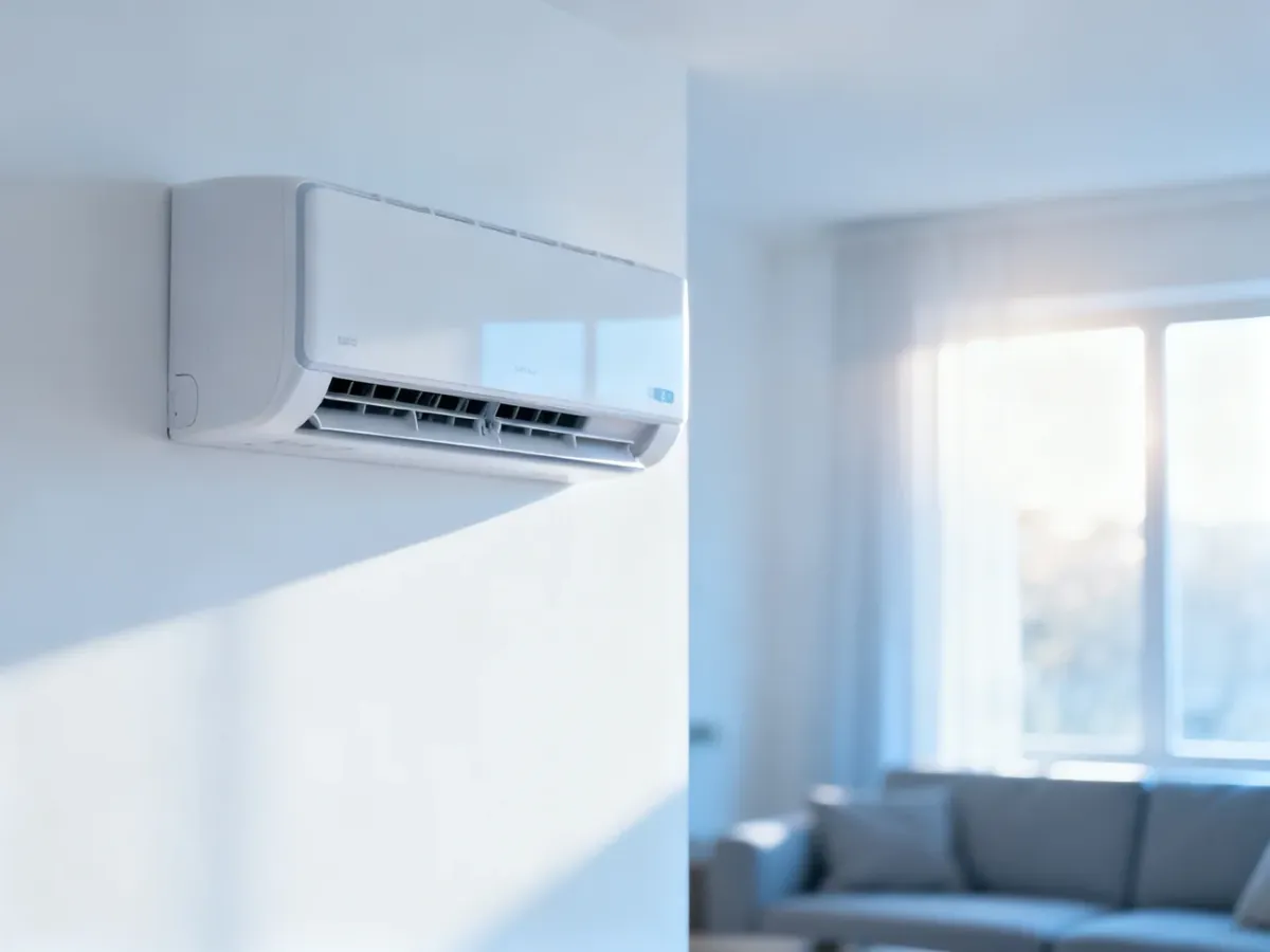 Nowoczesny klimatyzator typu split zamontowany na białej ścianie w jasnym, przytulnym salonie.