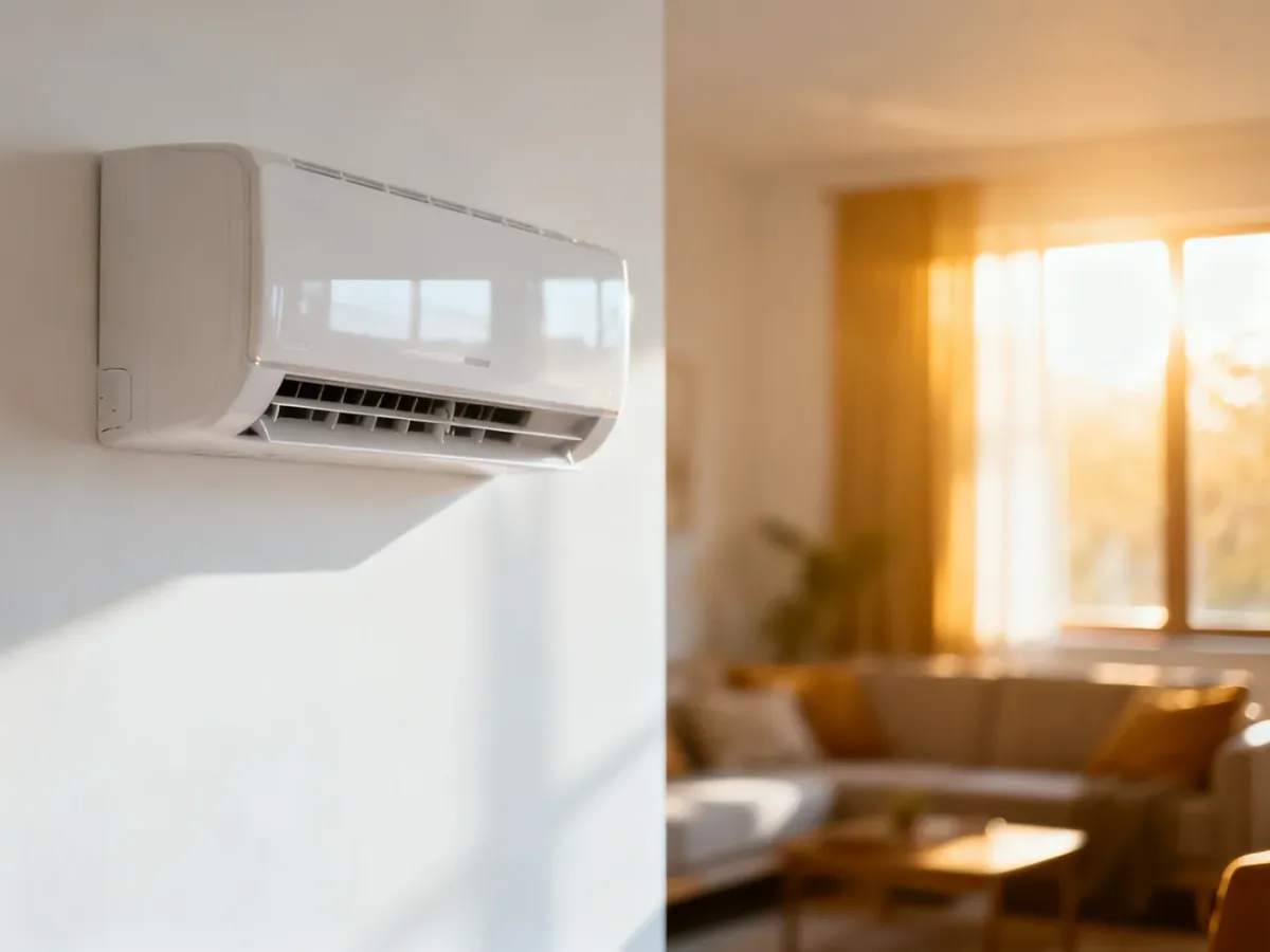 Nowoczesny klimatyzator typu split zamontowany na białej ścianie w przytulnym salonie.