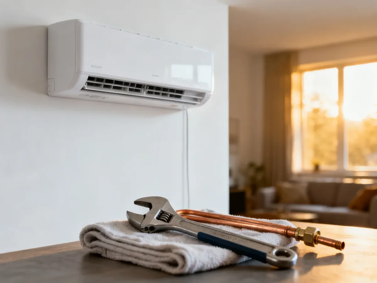 Nowoczesny klimatyzator ścienny w minimalistycznym wnętrzu oraz profesjonalne narzędzia montażowe na pierwszym planie.