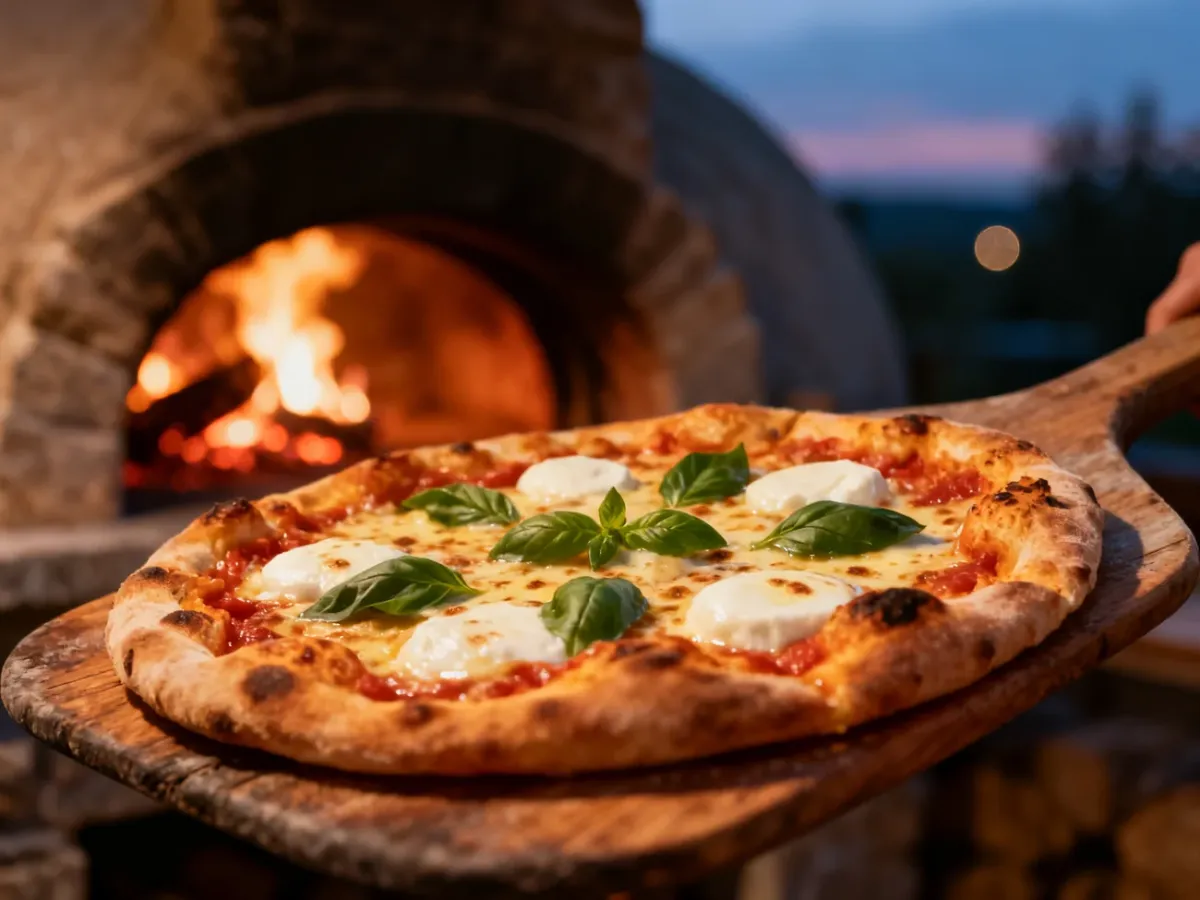 Świeżo upieczona pizza z chrupiącymi brzegami i roztopioną mozzarellą na drewnianej łopacie, w tle rozgrzany piec kamienny.