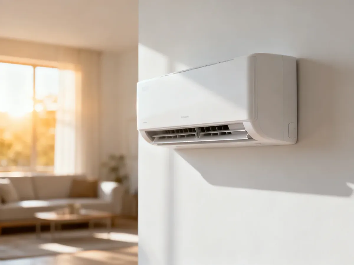 Nowoczesny klimatyzator ścienny zamontowany w jasnym, minimalistycznym salonie w świetle poranka.