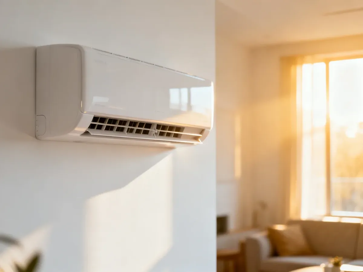 Nowoczesny klimatyzator ścienny w jasnym, minimalistycznym salonie oświetlonym ciepłym światłem słonecznym.