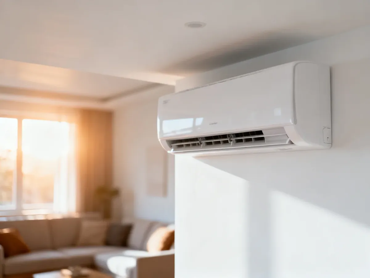 Nowoczesny klimatyzator typu split zamontowany na białej ścianie w przytulnym salonie.