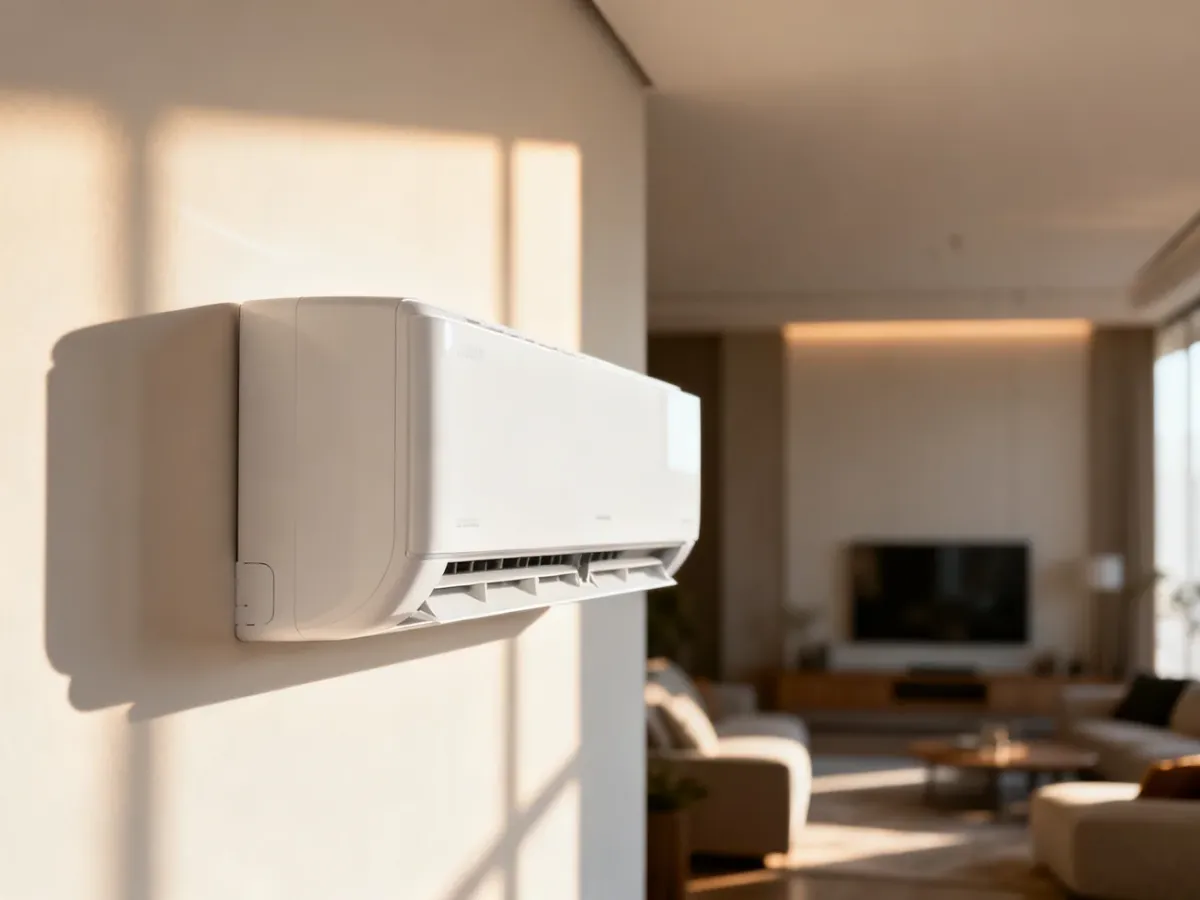 Nowoczesny klimatyzator ścienny w minimalistycznym salonie, prezentujący estetyczne rozwiązanie do domu.