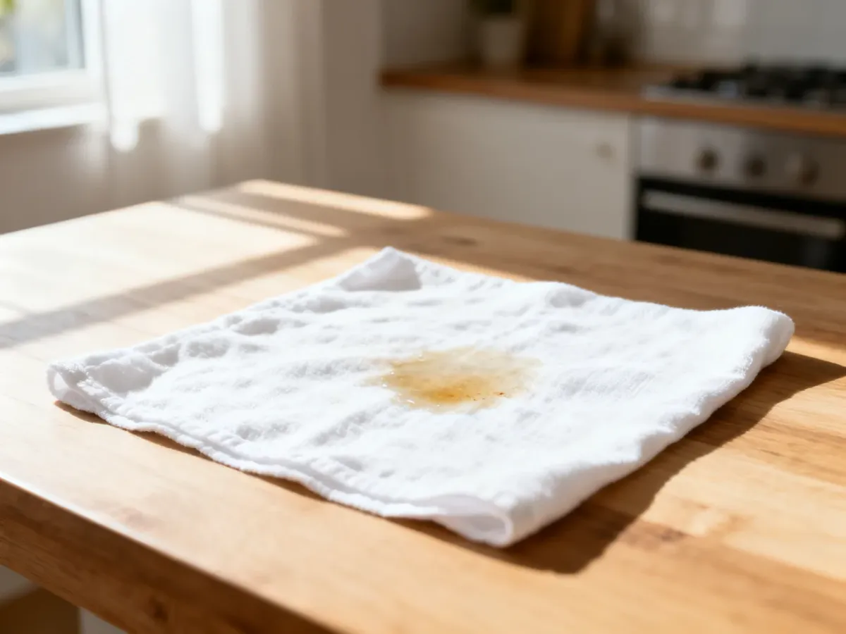 Świeża plama z tłuszczu na białej bawełnianej tkaninie leżącej na drewnianym stole kuchennym.